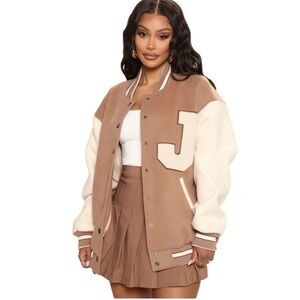 FASHION NOVA Oversized Varsity Jacket Best in Class J Mocha Combo Womens Small